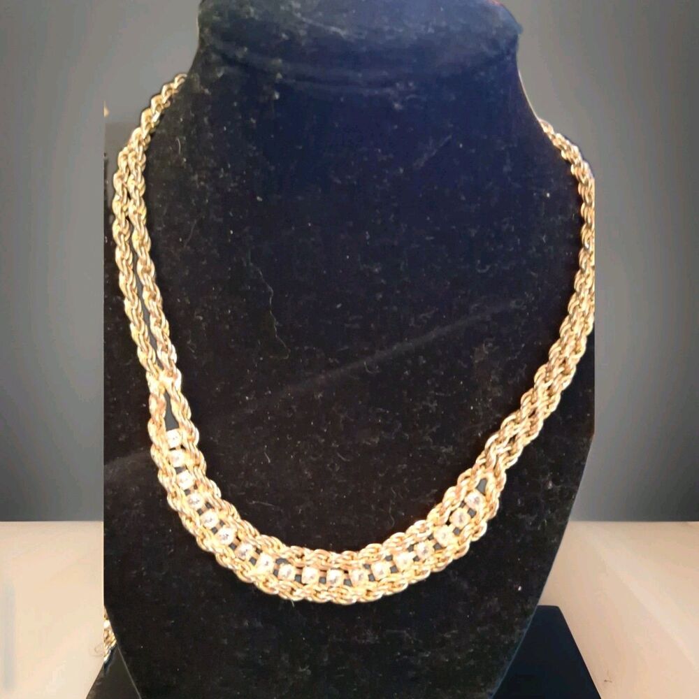 Vintage Double Rope Chain Rhinestone Necklace 20" Gold Tone